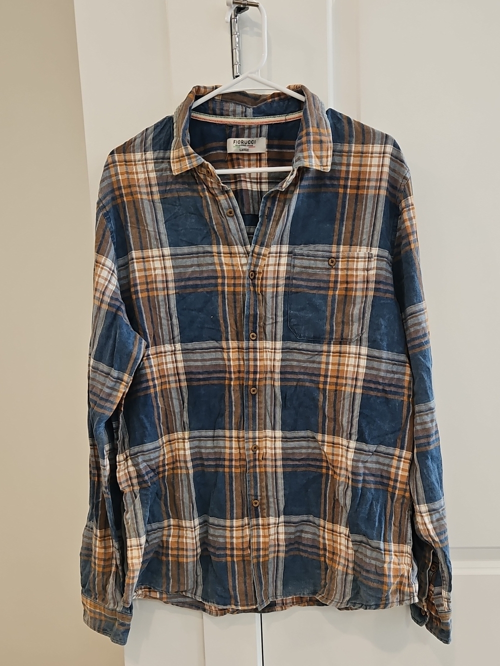NWT Fiorucci Blue and Tan Plaid Long-Sleeve Button-Down Shirt Witj Sample Tag